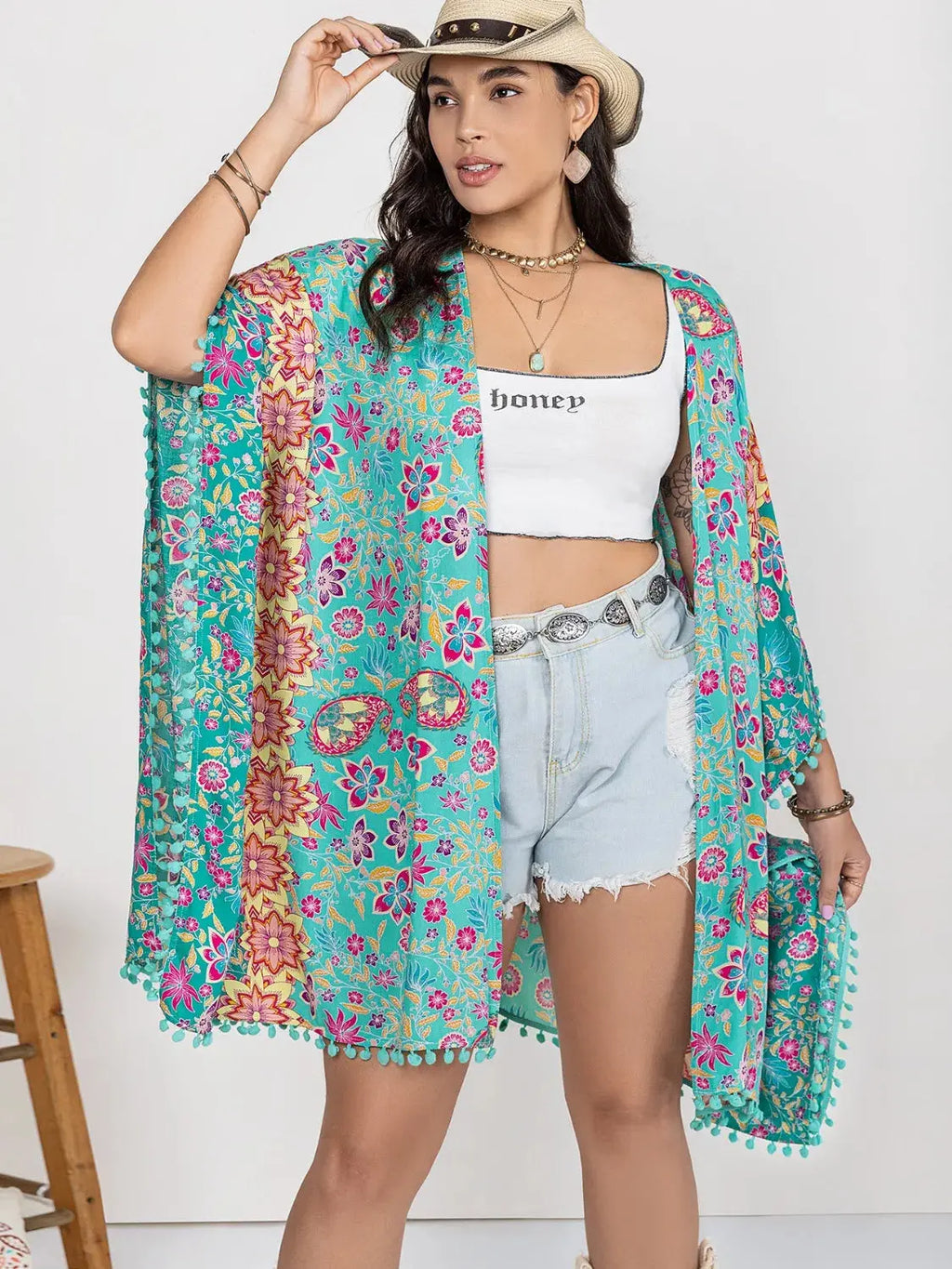 Plus Size Printed Open Front Cover-Up-Bikinicaye