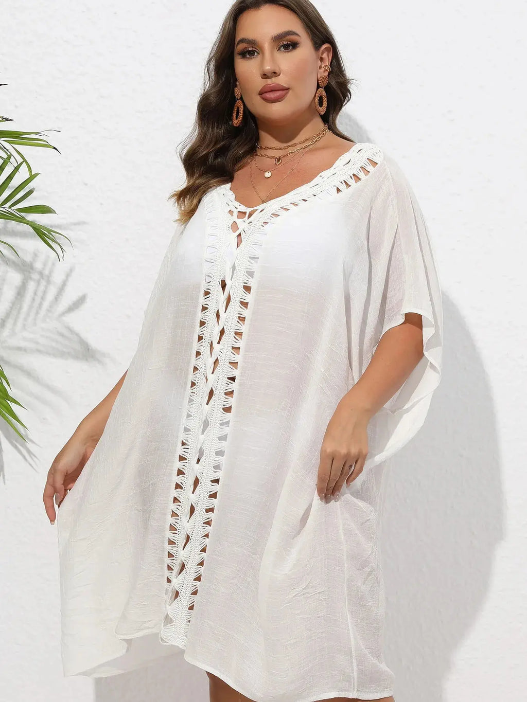 Crochet Trim V-Neck Beach Cover Up Dress-Bikinicaye