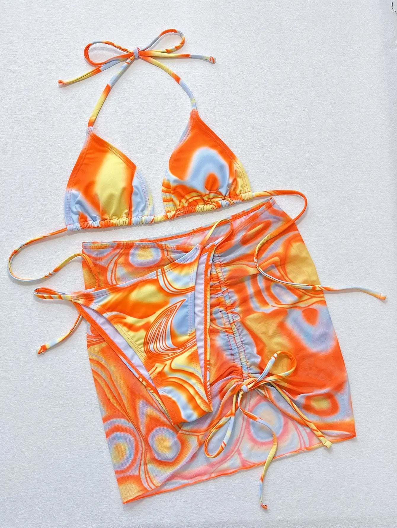 Multicolored Drawstring Ruched Three-Piece Swim Set-Bikinicaye