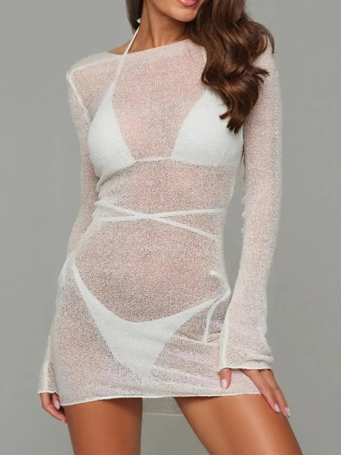 Sheer Backless Long Sleeve Mini Cover-Up Dress-Bikinicaye