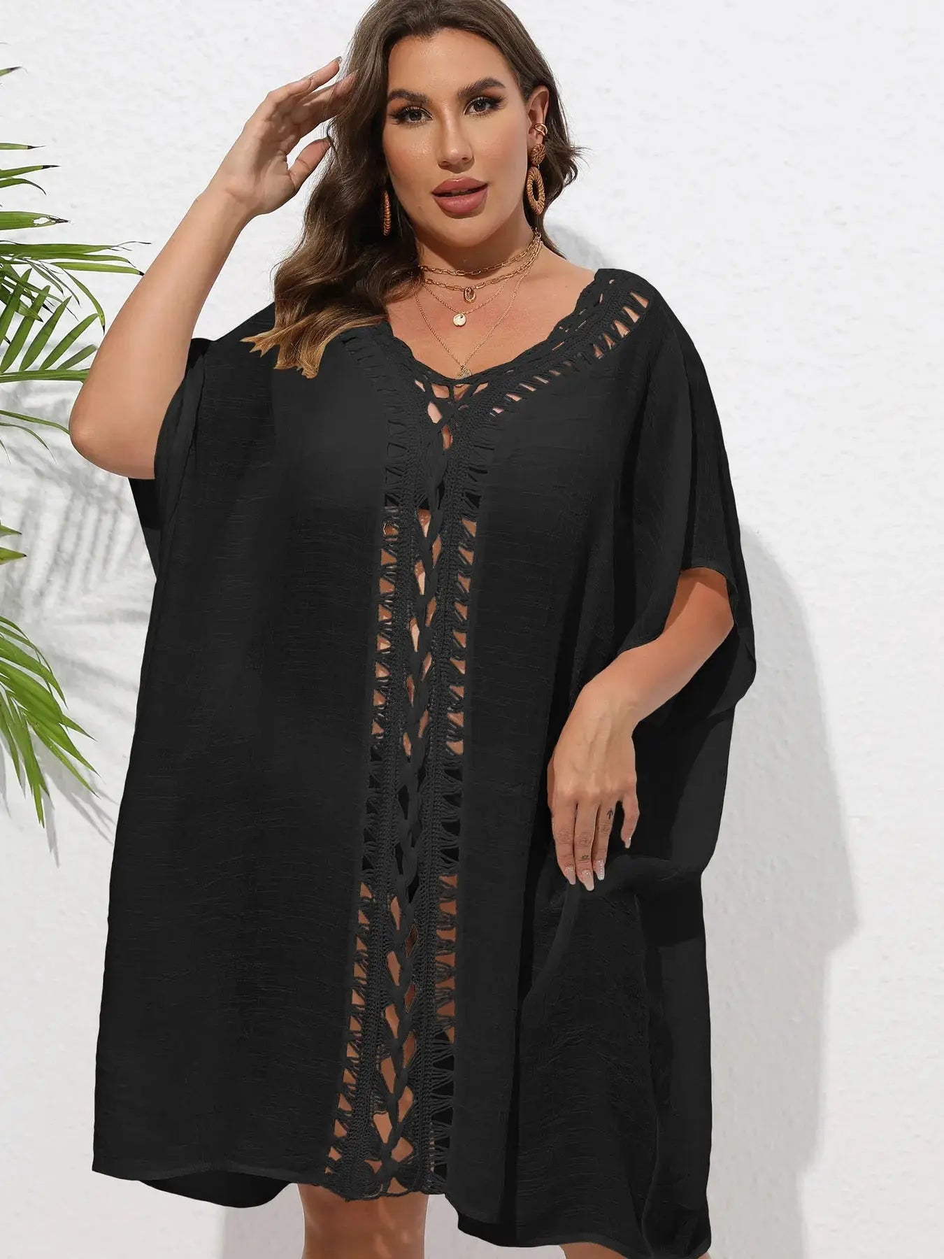 Crochet Trim V-Neck Beach Cover Up Dress-Bikinicaye