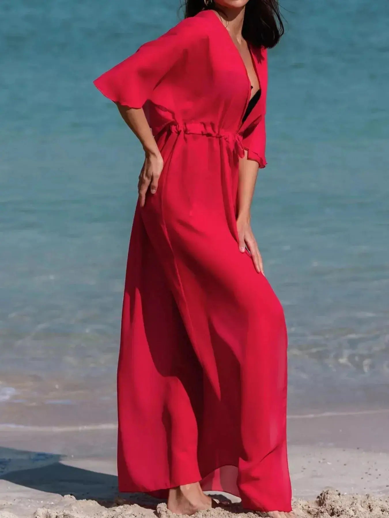 Solid Color Flutter Sleeve Cover-Up-Bikinicaye