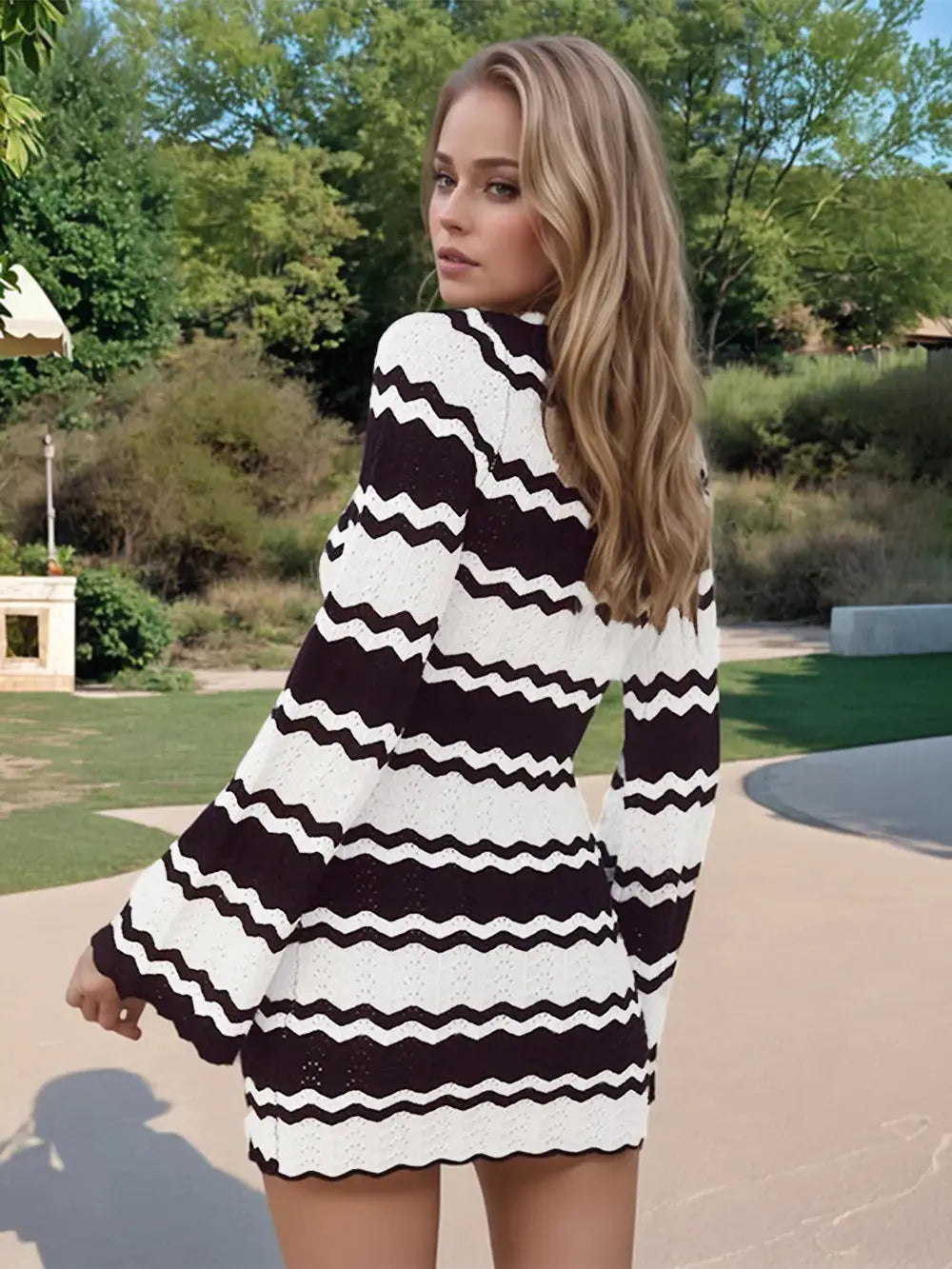 Wavy Striped Tied Front Long Sleeve Cover-Up Dress-Bikinicaye
