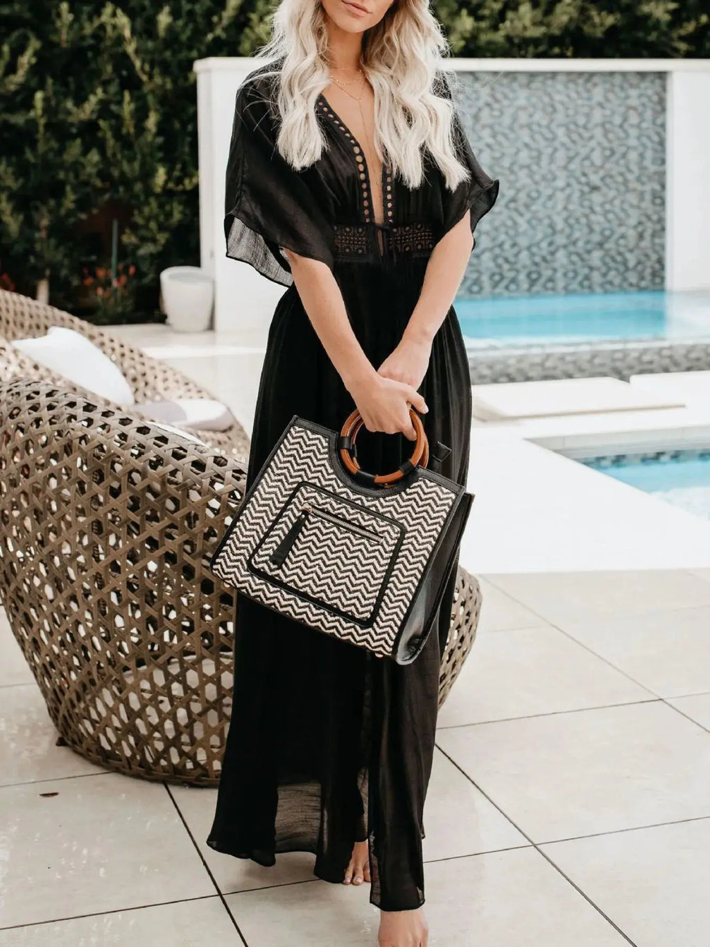 Lace Trim Plunging Beach Cover Up Maxi Dress-Bikinicaye