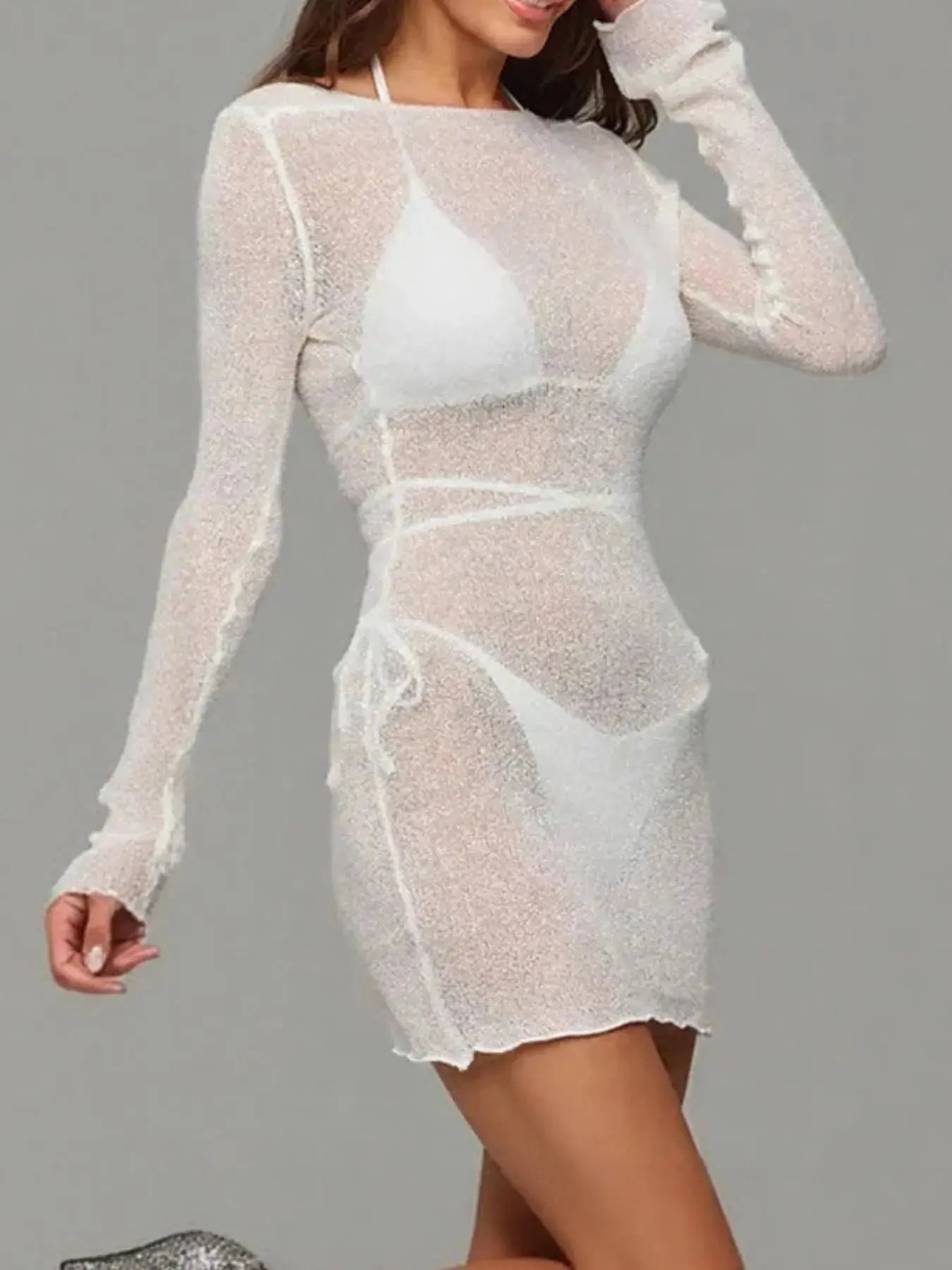 Sheer Backless Long Sleeve Mini Cover-Up Dress-Bikinicaye