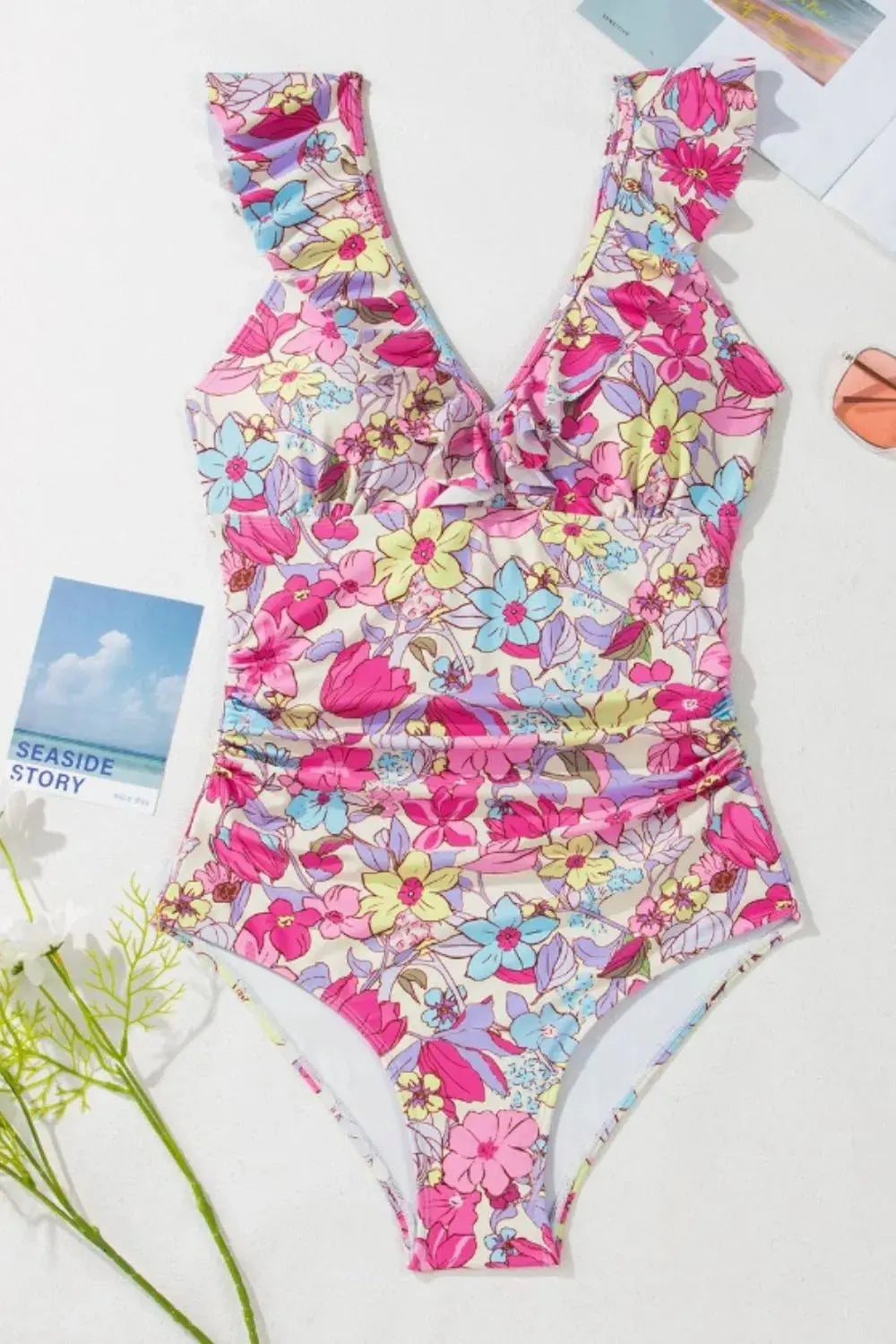 Floral Ruffle Trim Tummy Control One Piece Swimsuit-Bikinicaye