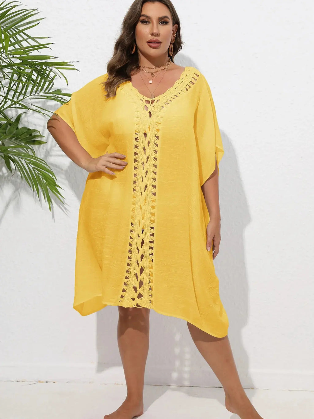 Crochet Trim V-Neck Beach Cover Up Dress-Bikinicaye