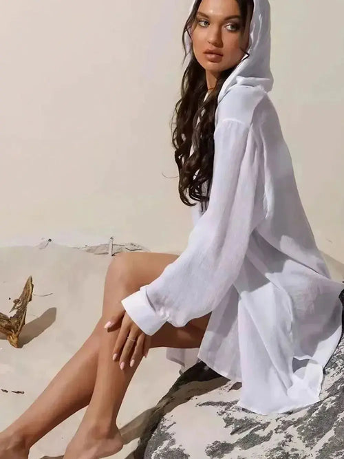 Button Down Hooded Cover-Up-Bikinicaye