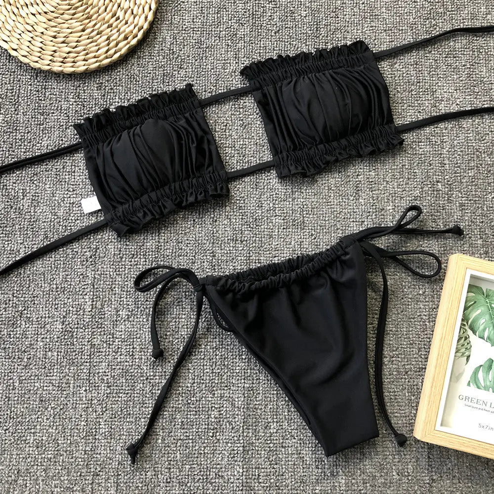 Frill Trim Ruched Bikini Set-Bikinicaye
