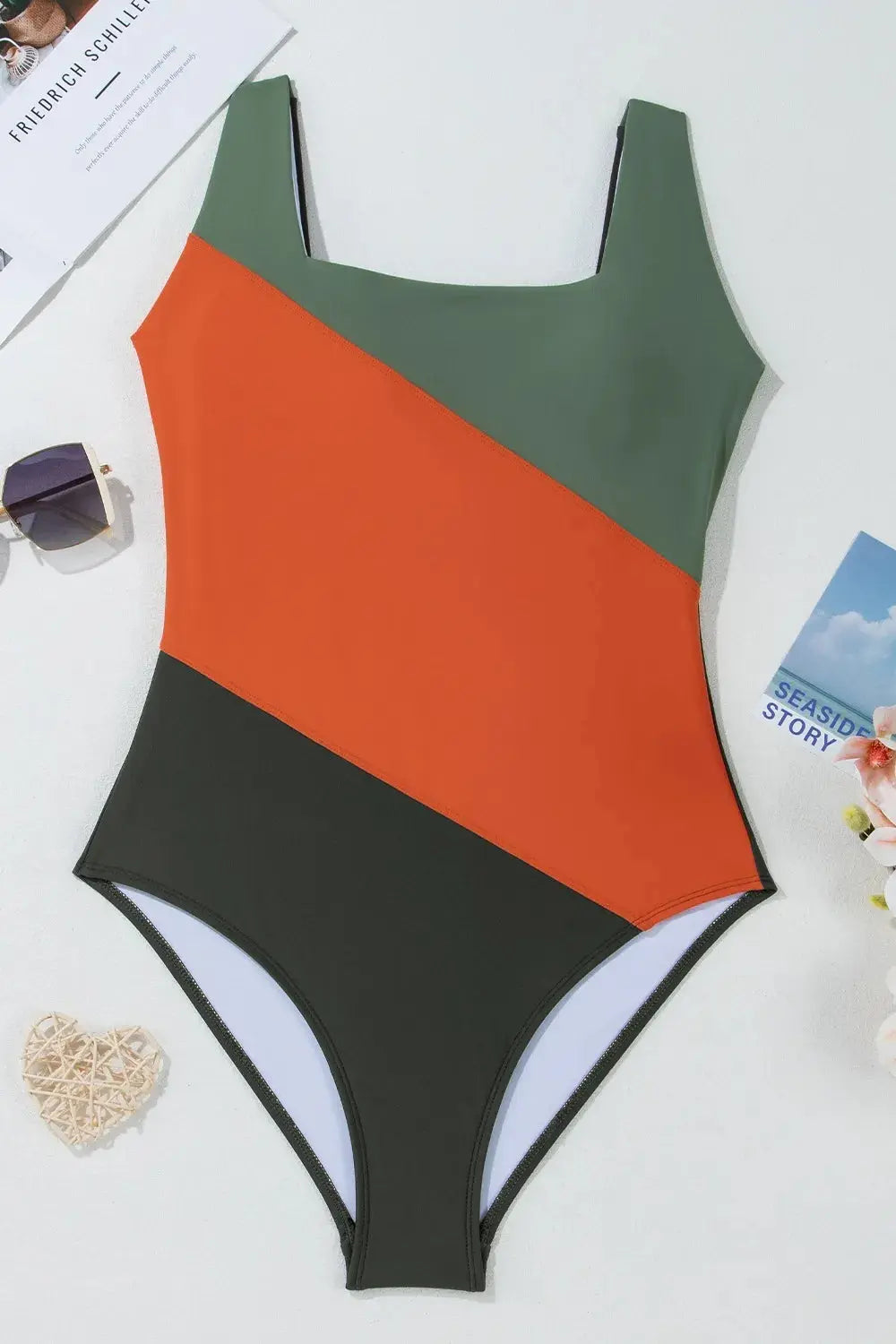 Color Block Padded Square Neck One Piece Swimsuit-Bikinicaye