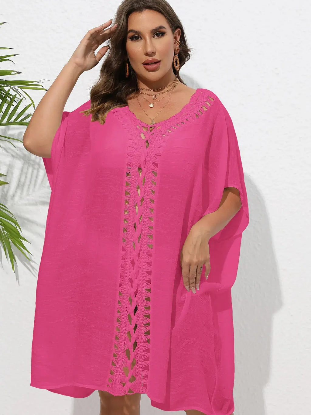 Crochet Trim V-Neck Beach Cover Up Dress-Bikinicaye