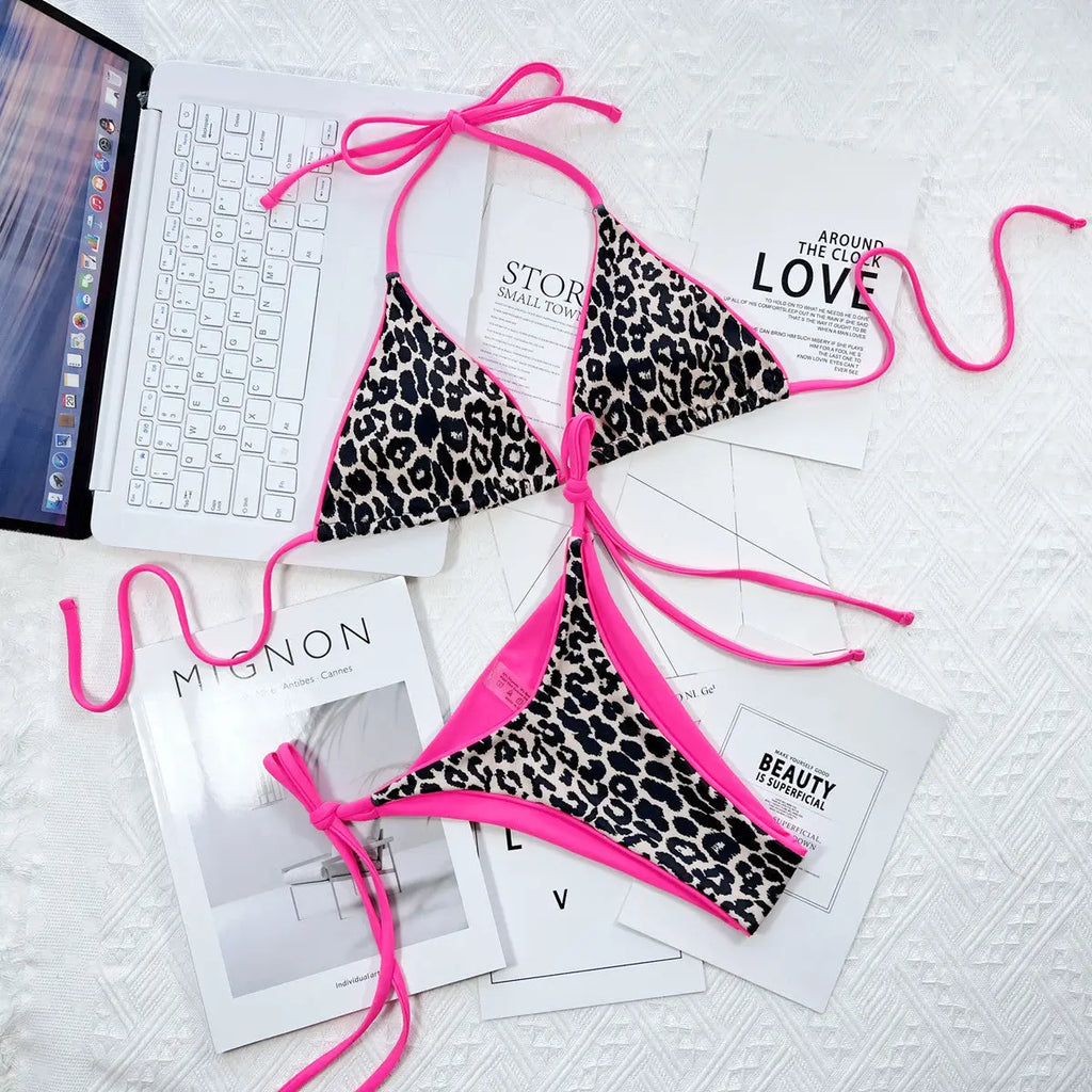 Leopard Print Halter Neck Tie Side Bikini Set-Bikinicaye
