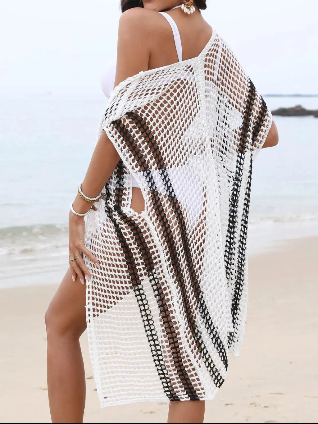 Open Front Contrast Openwork Cover-Up-Bikinicaye