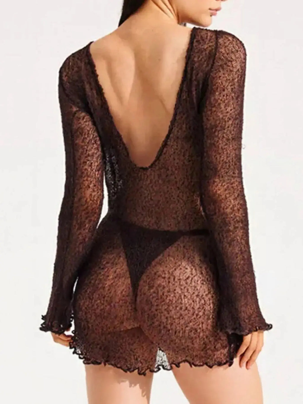 Sheer Backless Long Sleeve Mini Cover-Up Dress-Bikinicaye