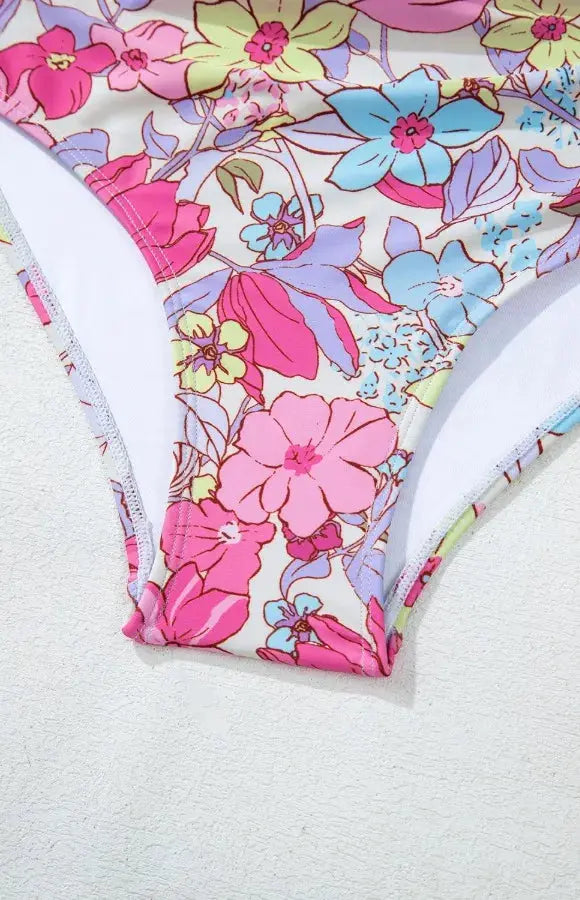 Floral Ruffle Trim Tummy Control One Piece Swimsuit-Bikinicaye