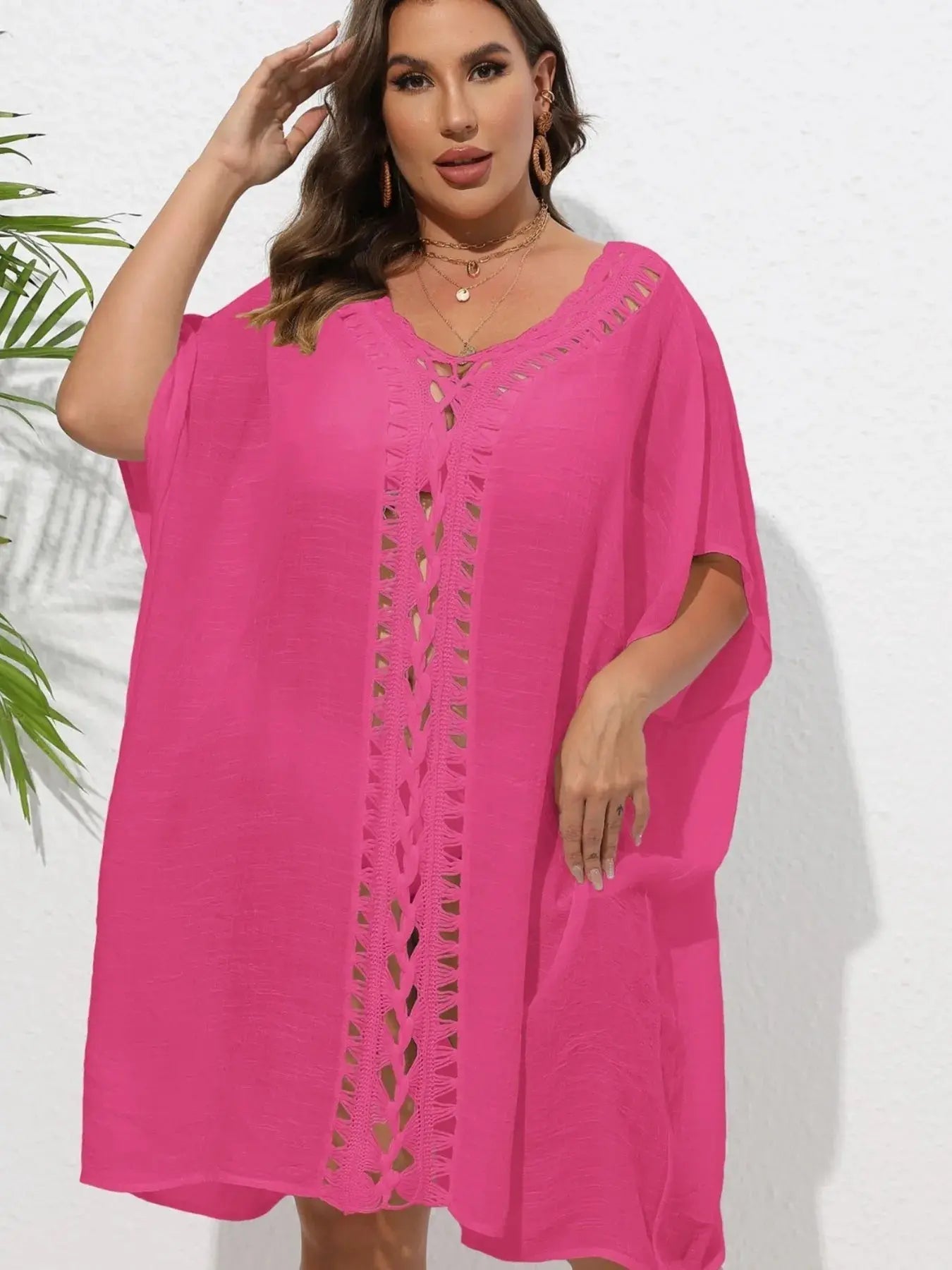 Crochet Trim V-Neck Beach Cover Up Dress-Bikinicaye