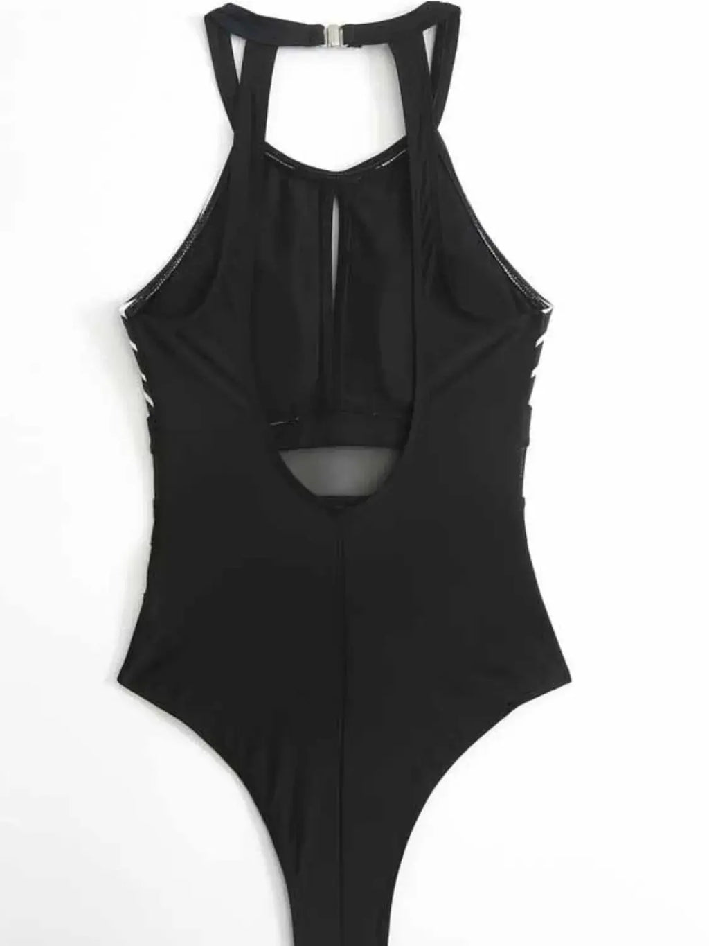 Mesh Detail Backless Striped One-Piece Swimsuit-Bikinicaye