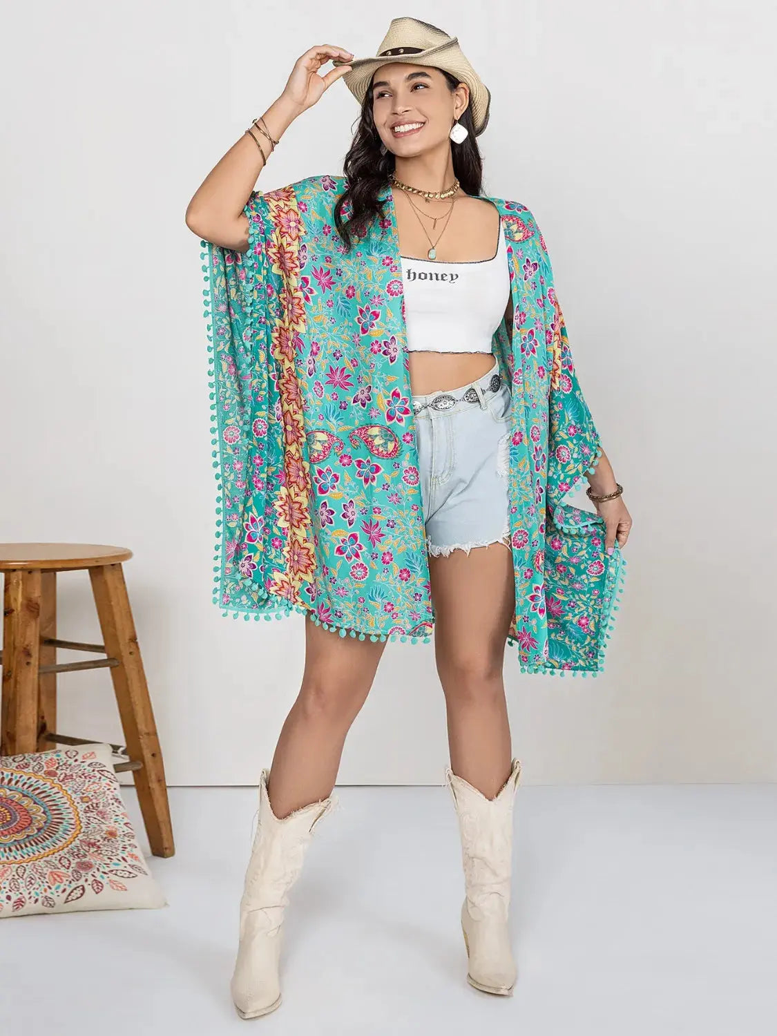Plus Size Printed Open Front Cover-Up-Bikinicaye