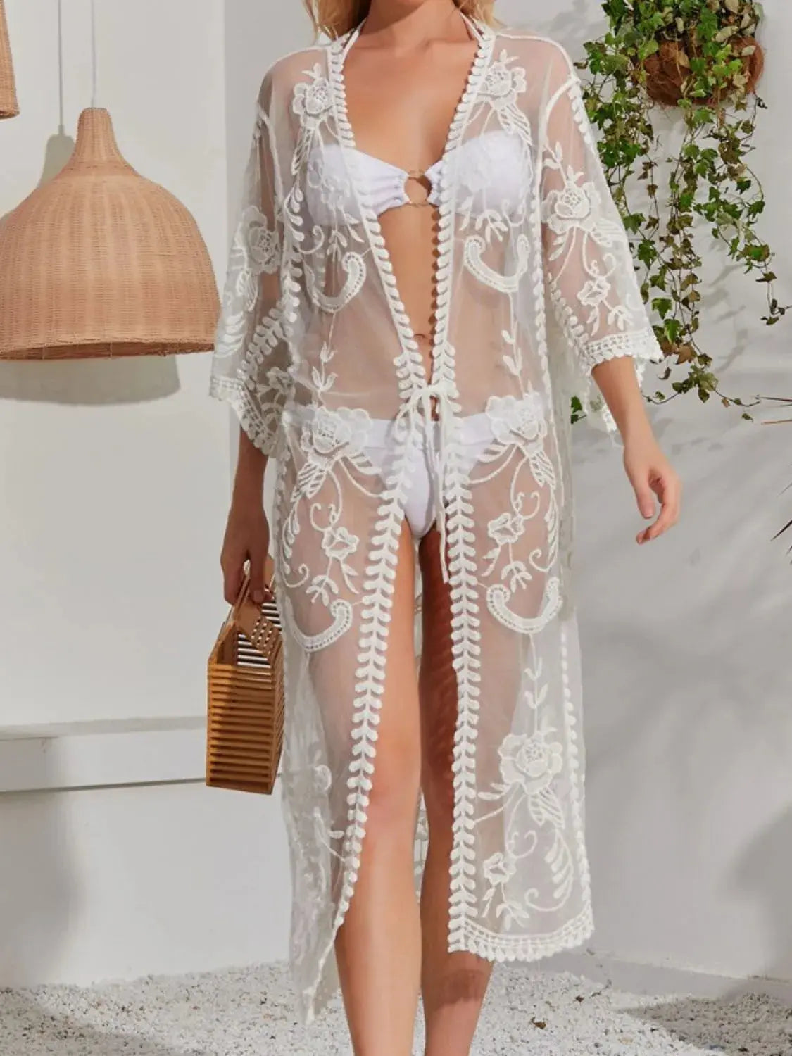 Lace Detail Open Front Longline Cover-Up-Bikinicaye