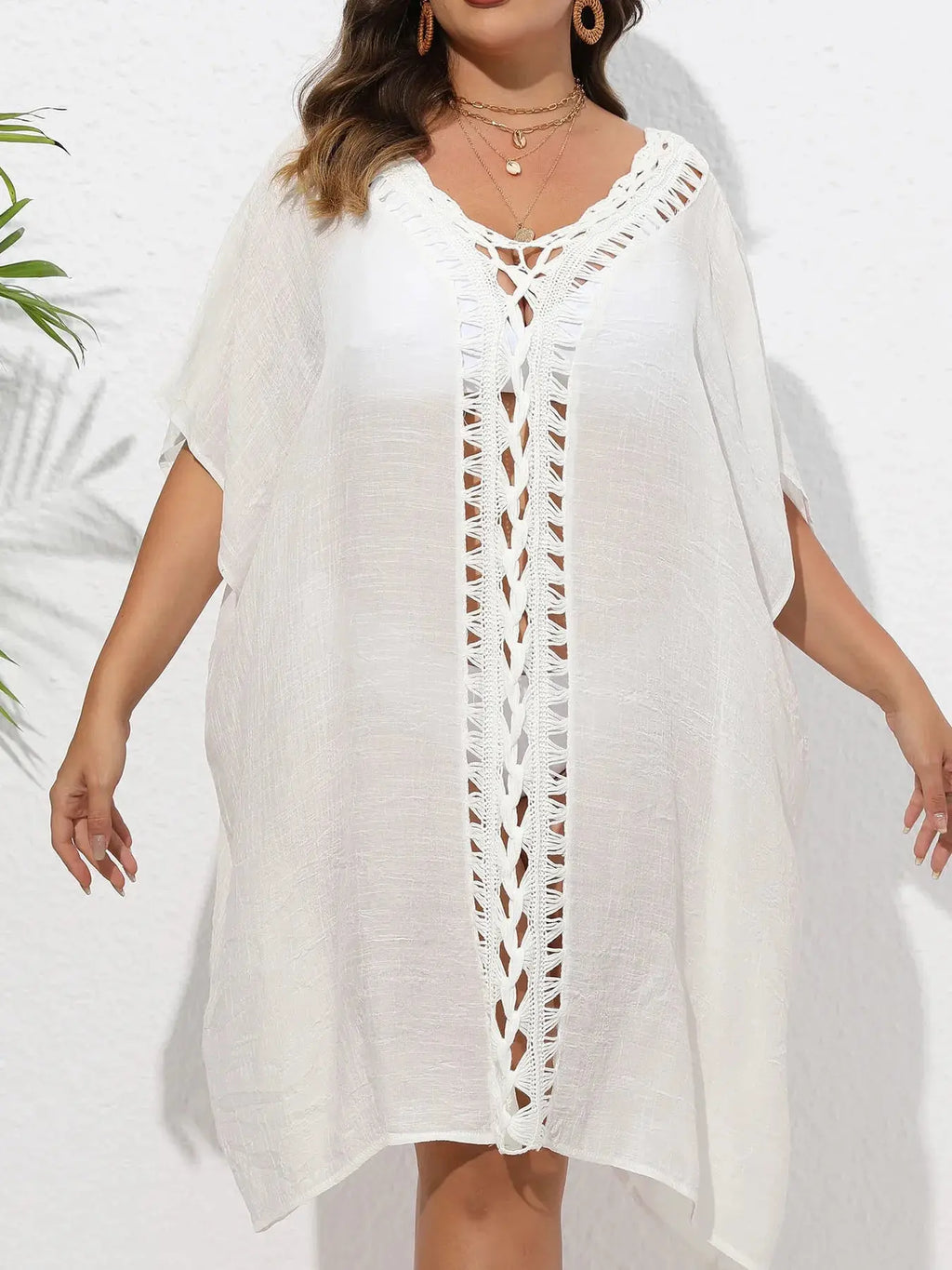 Crochet Trim V-Neck Beach Cover Up Dress-Bikinicaye