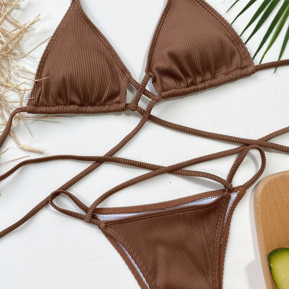 Halter Neck Crisscross Ribbed Bikini Set-Bikinicaye