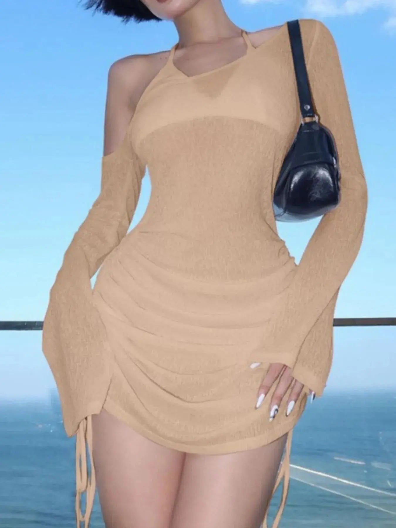 One-Shoulder Bell Sleeve Ruched Mini Cover-Up Dress-Bikinicaye