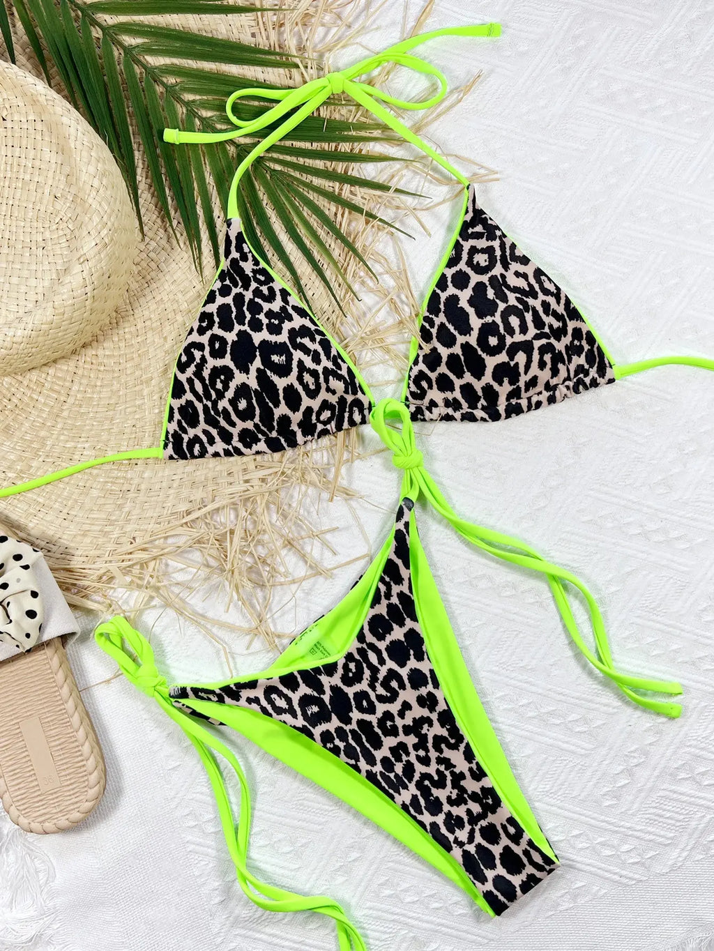 Leopard Print Halter Neck Tie Side Bikini Set-Bikinicaye
