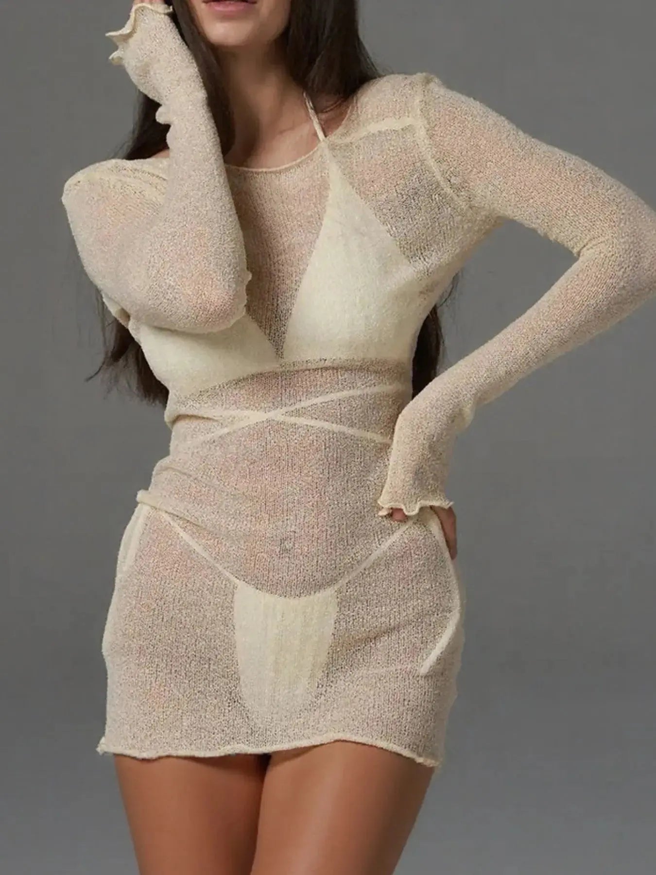 Sheer Backless Long Sleeve Mini Cover-Up Dress-Bikinicaye