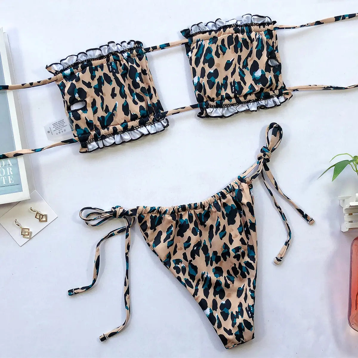 Frill Trim Ruched Bikini Set-Bikinicaye