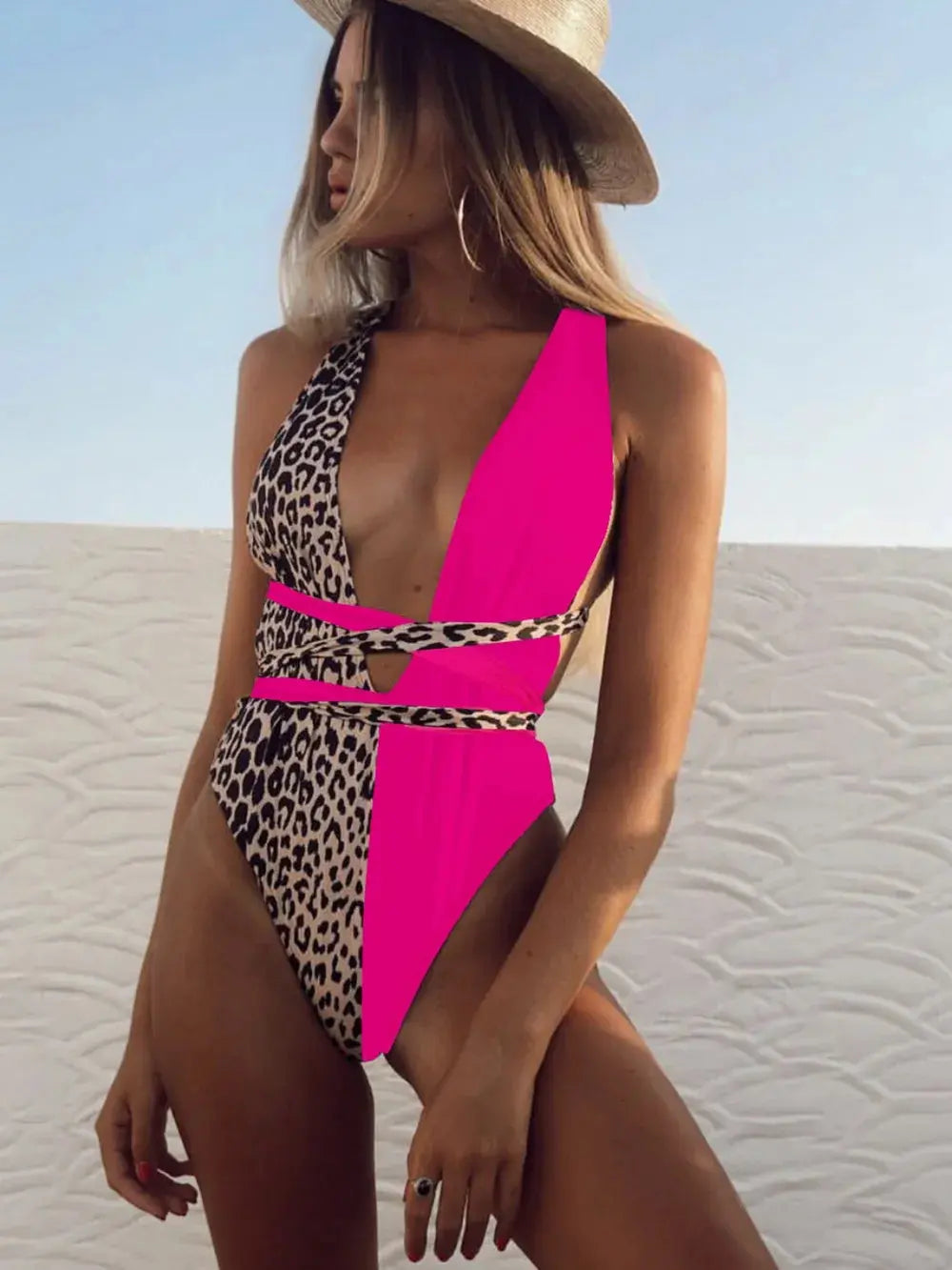 Tied Leopard Plunge One-Piece Swimwear-Bikinicaye