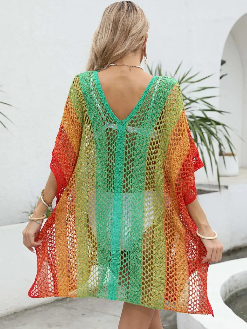 Rainbow Gradient Crochet Beach Cover Up-Bikinicaye