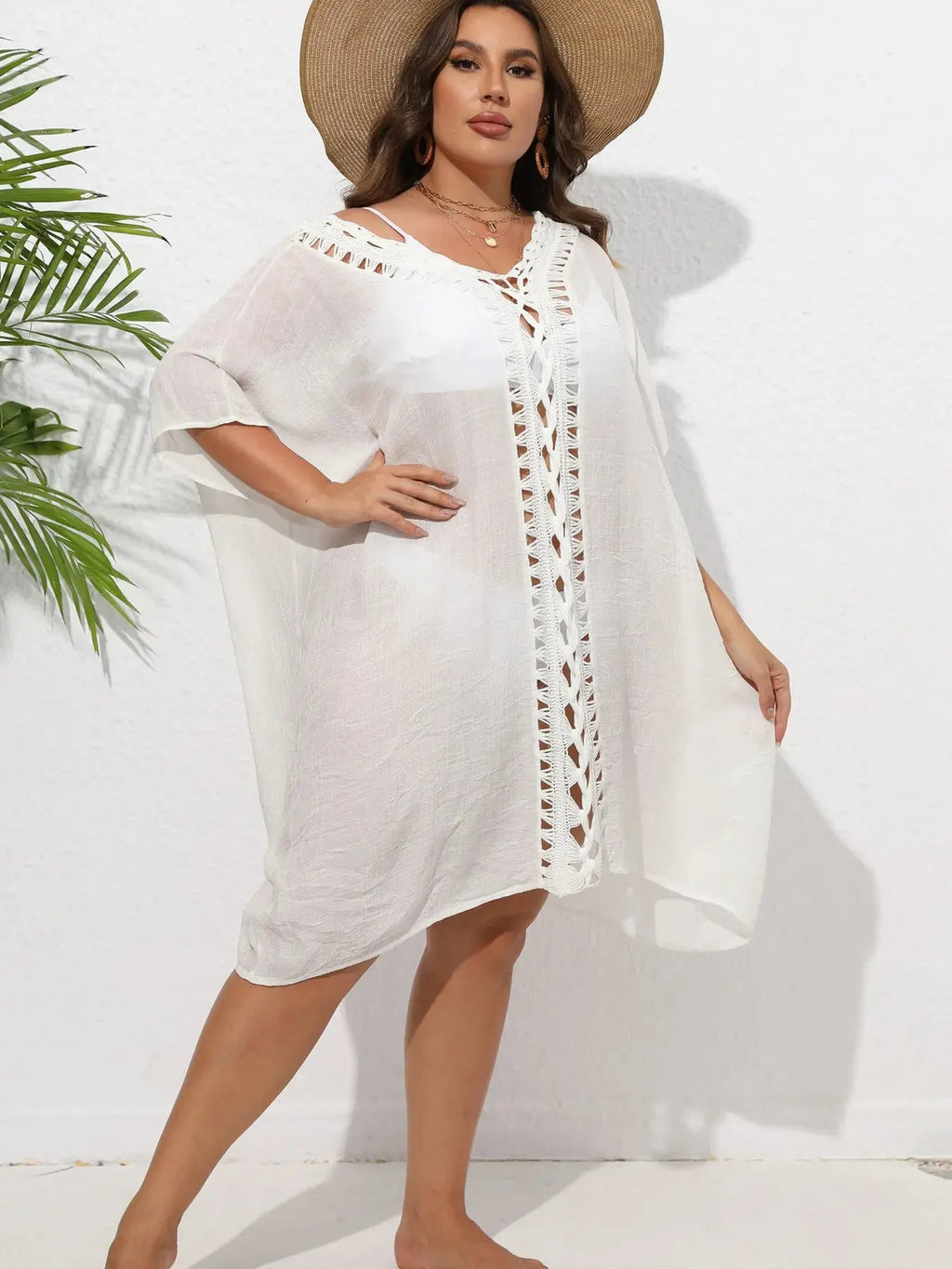 Crochet Trim V-Neck Beach Cover Up Dress-Bikinicaye