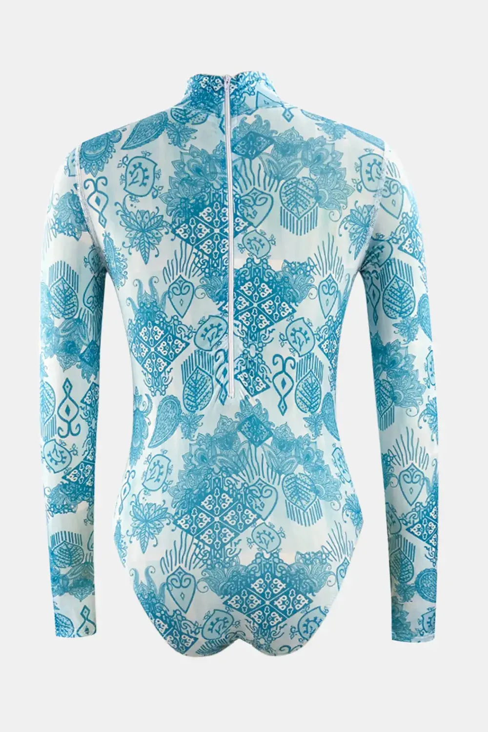 Printed Mock Neck Long Sleeve One-Piece Swimwear-Bikinicaye