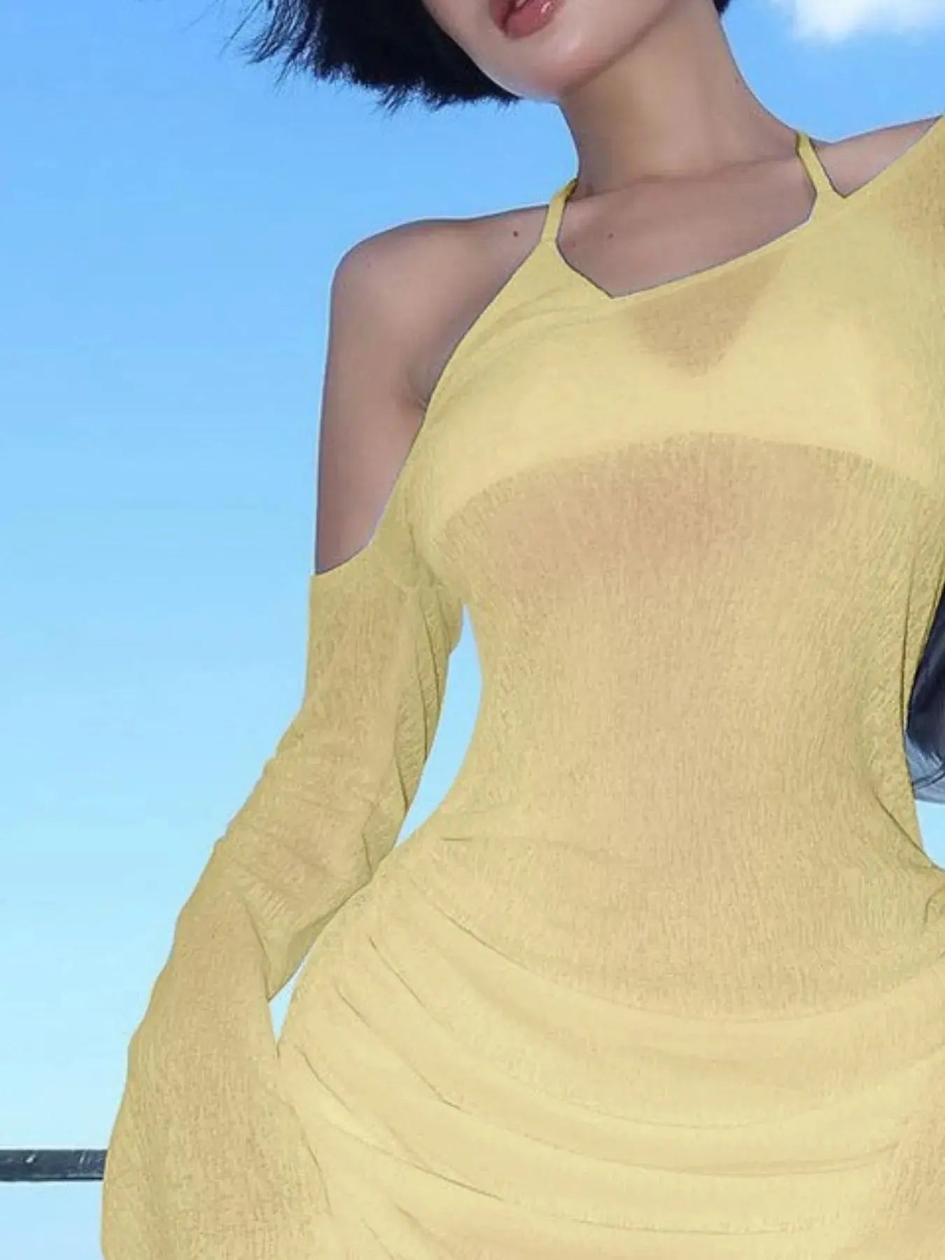 One-Shoulder Bell Sleeve Ruched Mini Cover-Up Dress-Bikinicaye