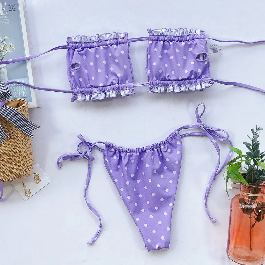 Frill Trim Ruched Bikini Set-Bikinicaye