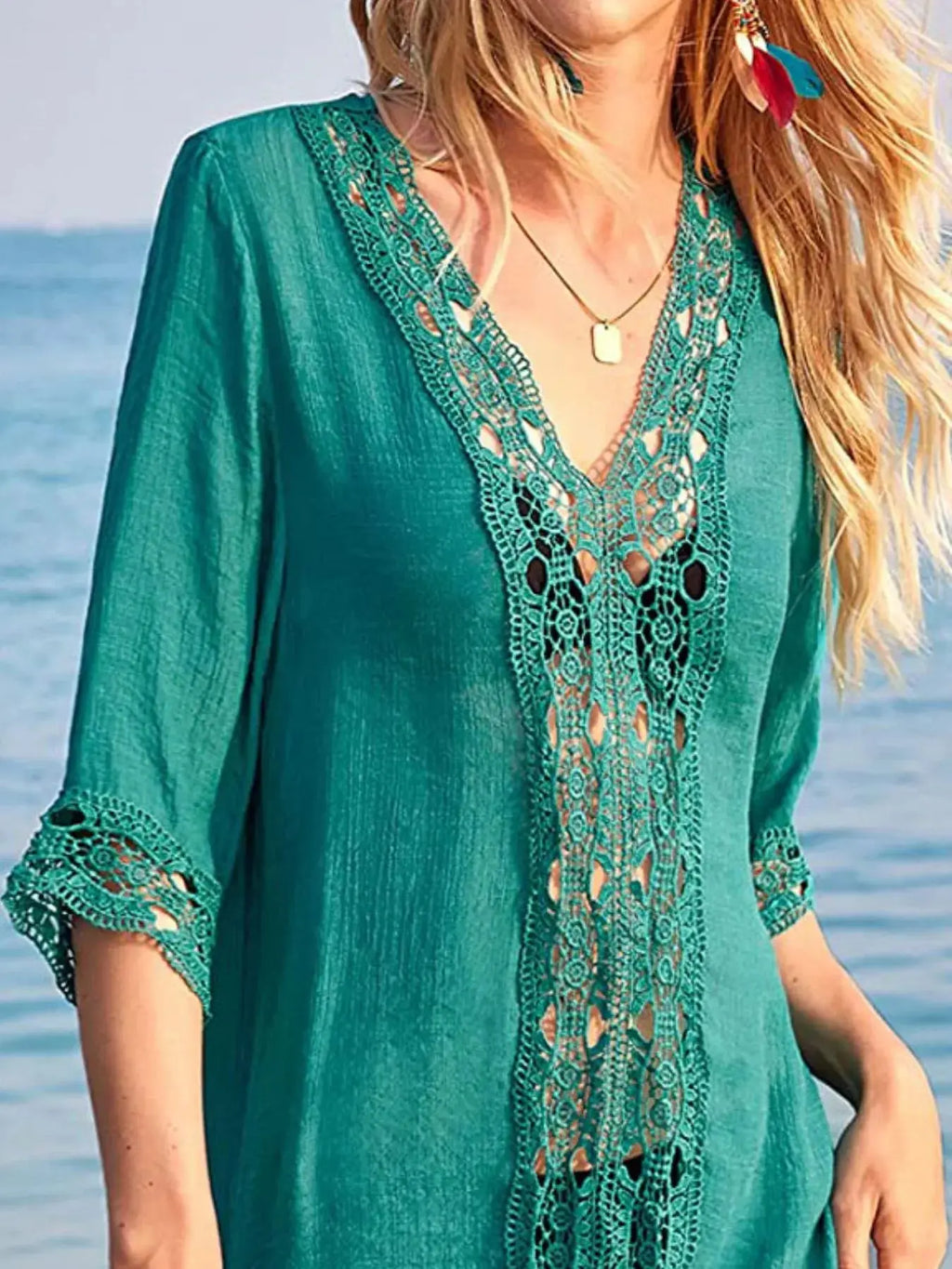 Lace Trim V-Neck Cover-Up-Bikinicaye
