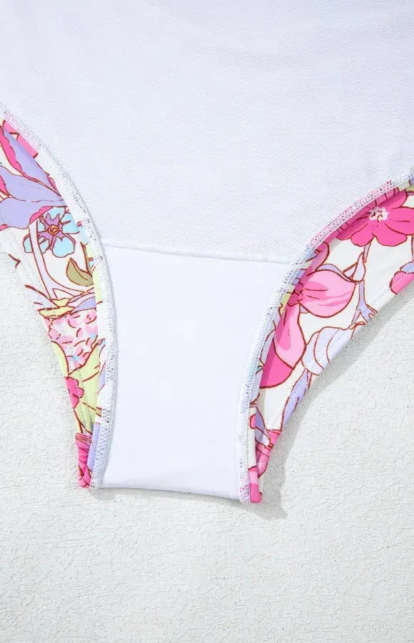Floral Ruffle Trim Tummy Control One Piece Swimsuit-Bikinicaye
