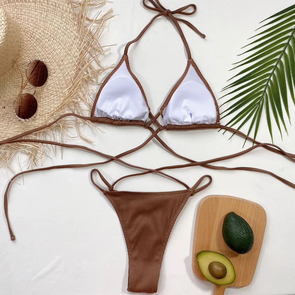 Halter Neck Crisscross Ribbed Bikini Set-Bikinicaye