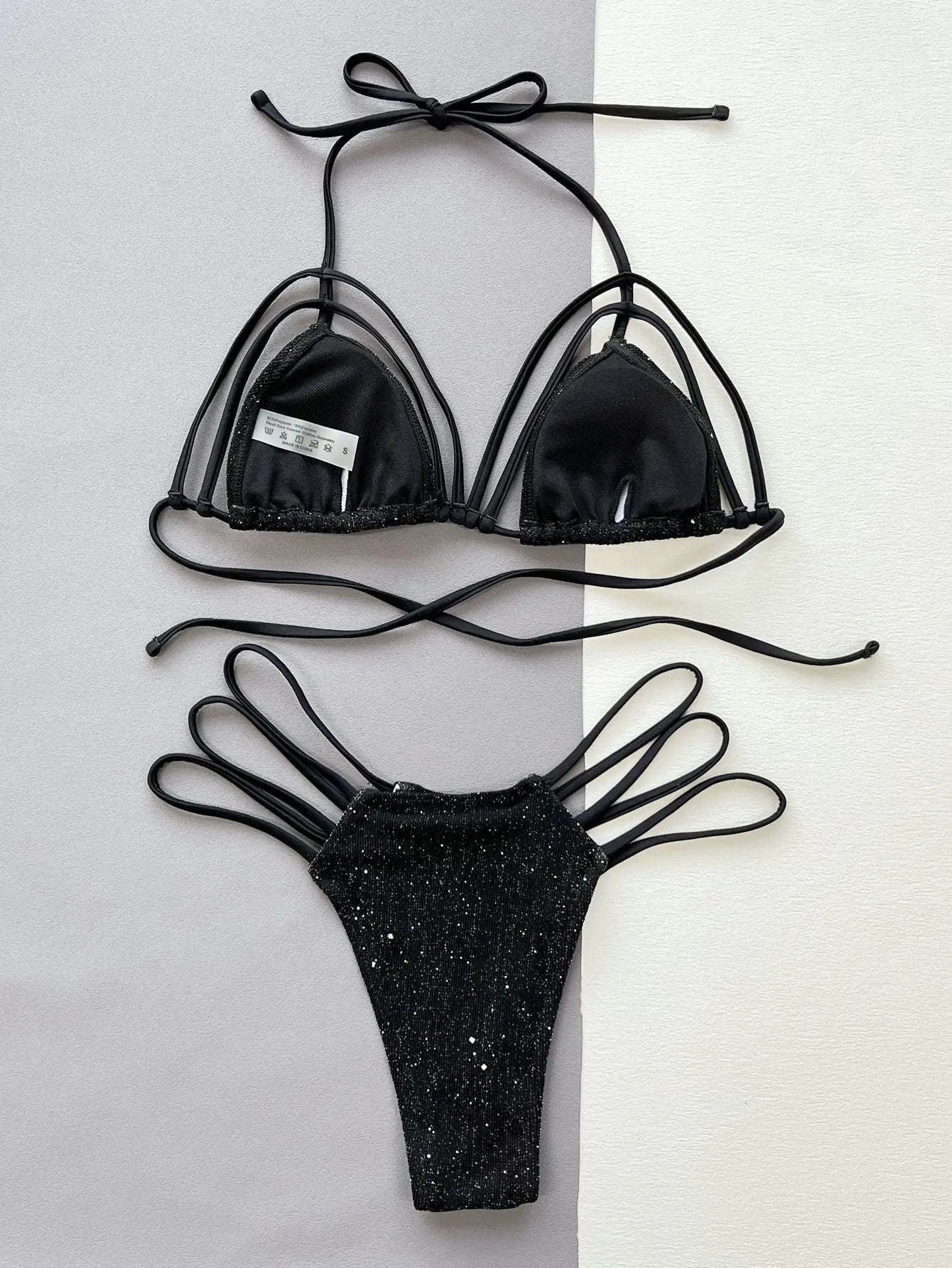 Glitter Halter Neck Strappy Two-Piece Bikini Set-Bikinicaye