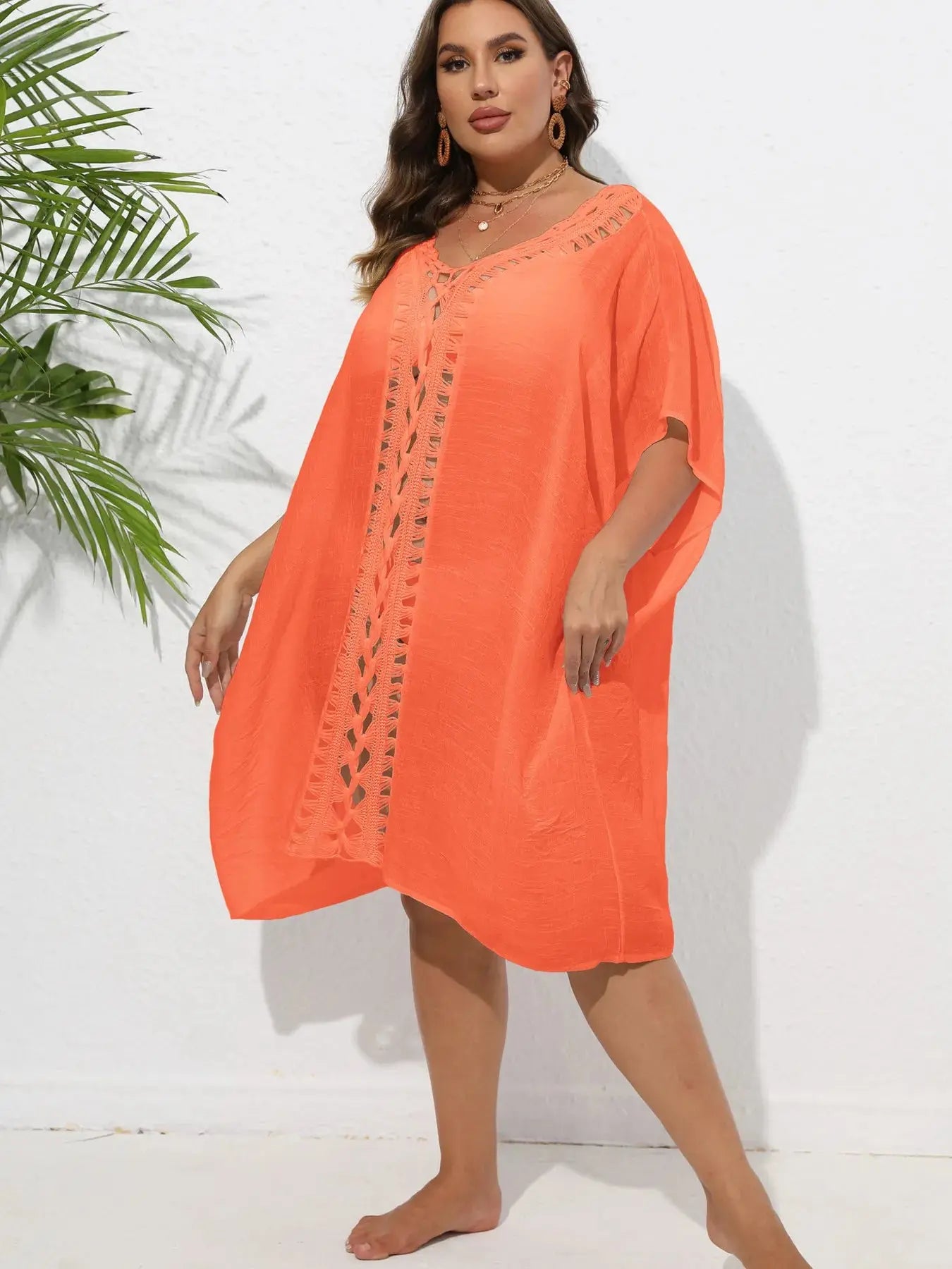 Crochet Trim V-Neck Beach Cover Up Dress-Bikinicaye