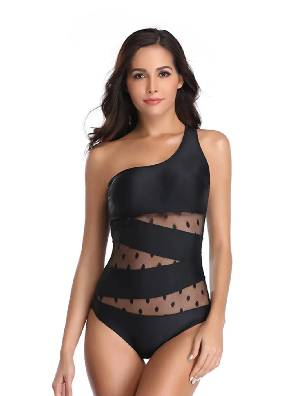 One Shoulder Polka Dot One-Piece Swimwear-Bikinicaye