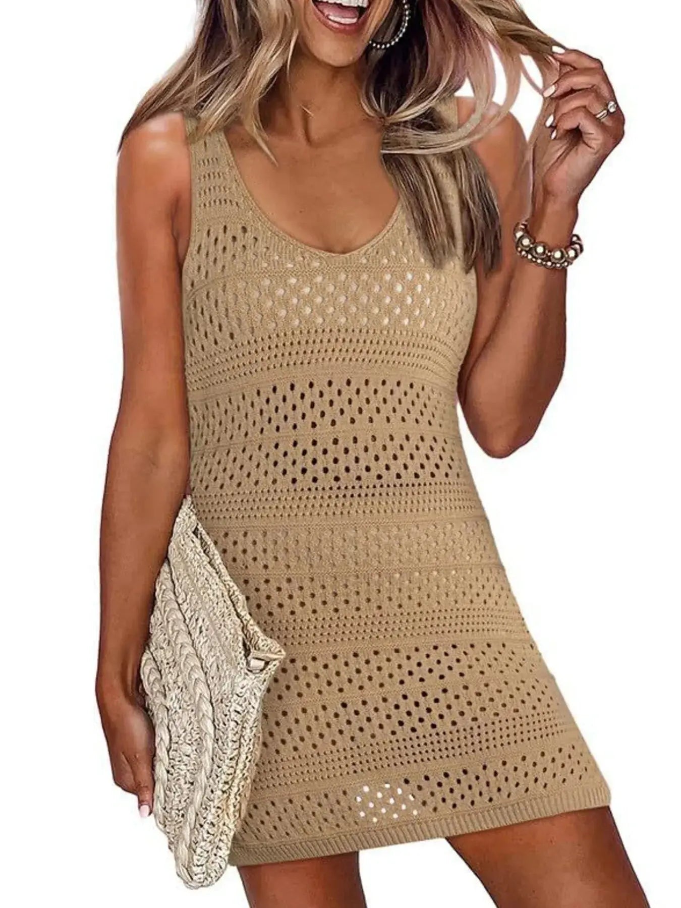 Crochet Knit Cover-Up Dress with Side Slit-Bikinicaye