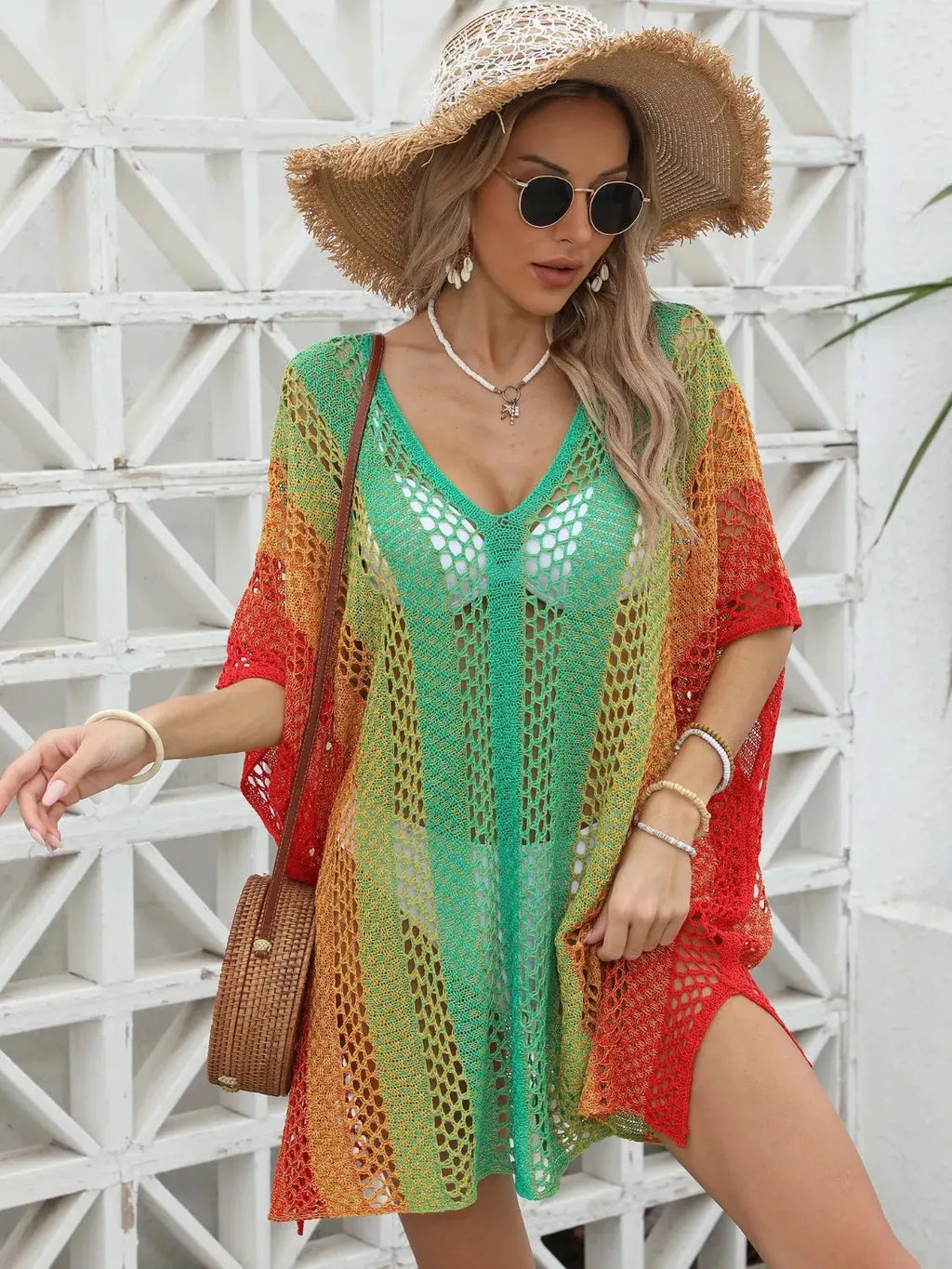Rainbow Gradient Crochet Beach Cover Up-Bikinicaye