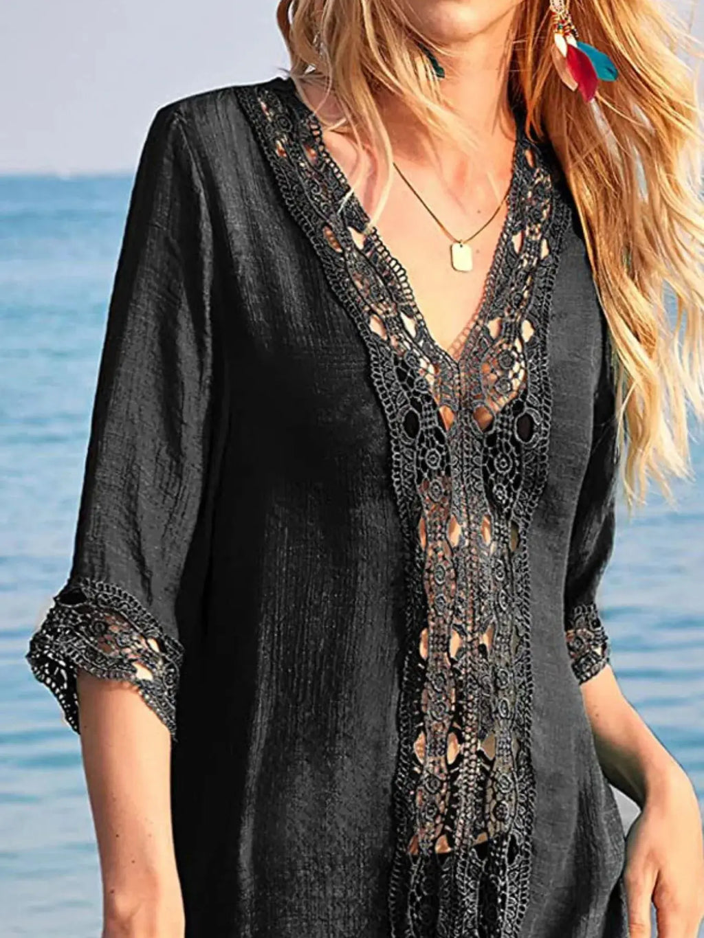 Lace Trim V-Neck Cover-Up-Bikinicaye