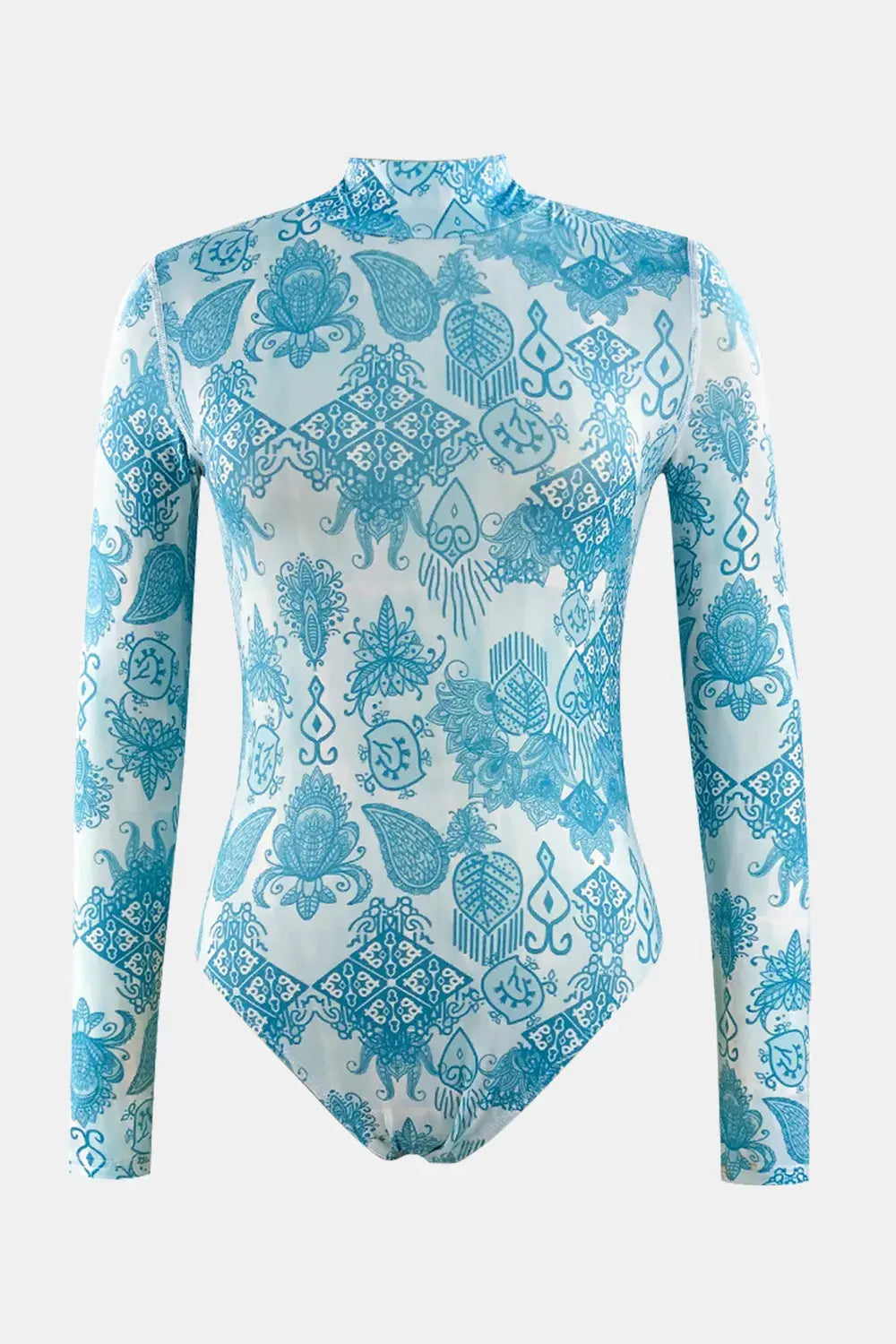 Printed Mock Neck Long Sleeve One-Piece Swimwear-Bikinicaye