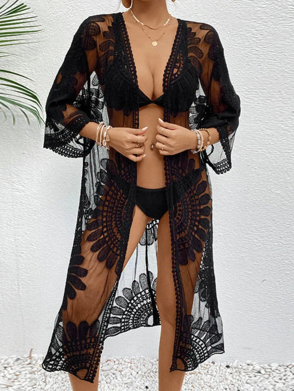 Lace Open Front Longline Cover-Up-Bikinicaye
