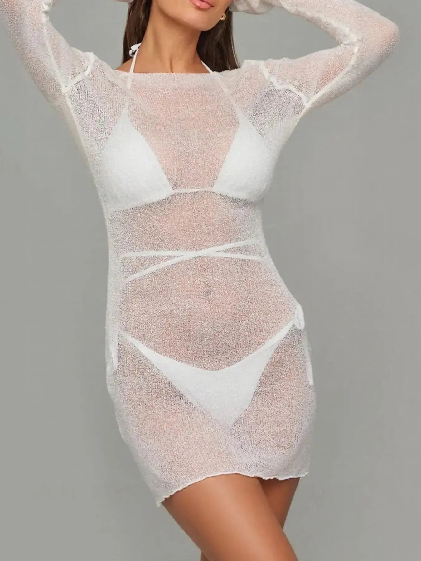 Sheer Backless Long Sleeve Mini Cover-Up Dress-Bikinicaye