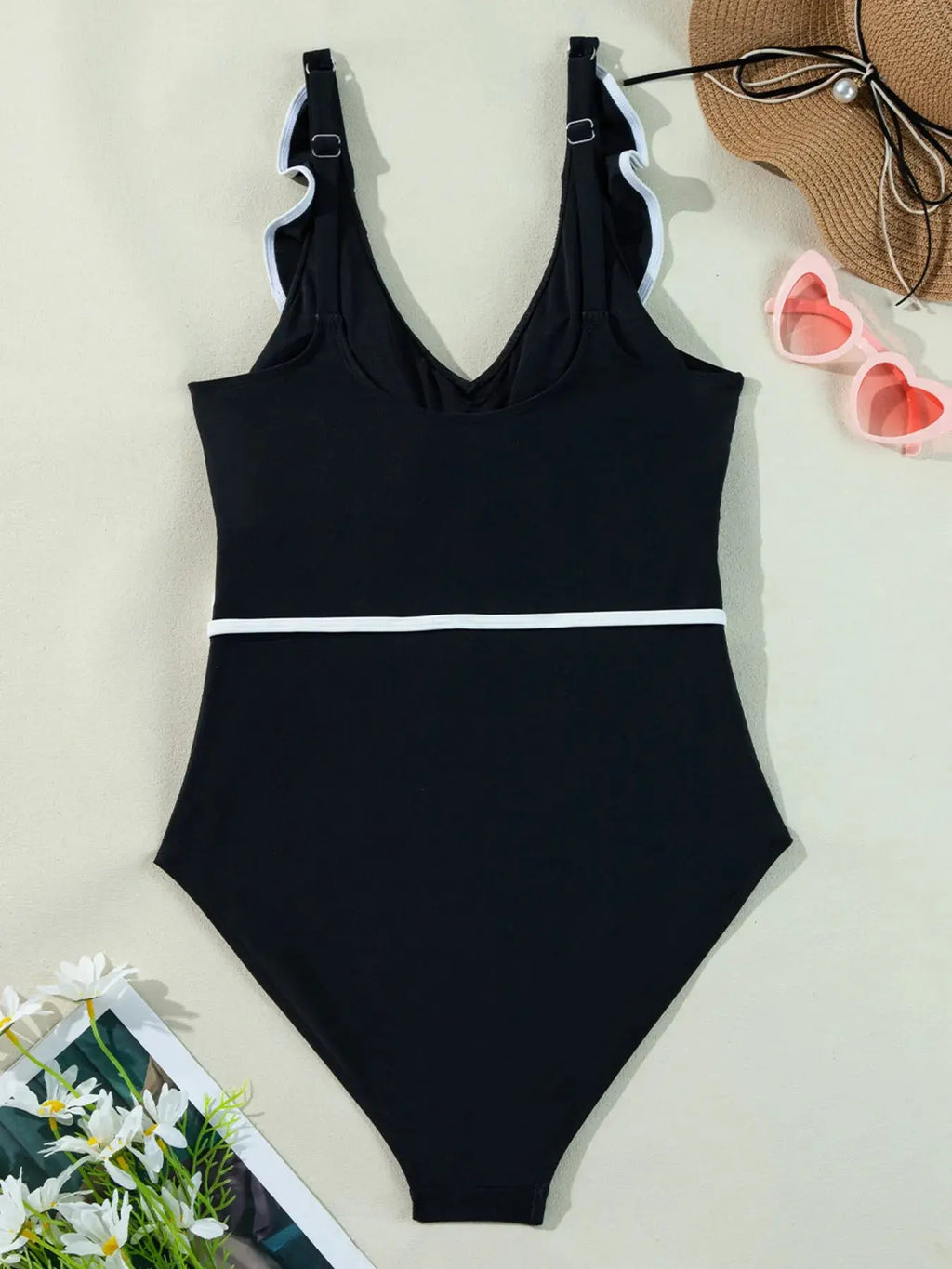 Ruffle Trim V-Neck One-Piece Swimsuit-Bikinicaye