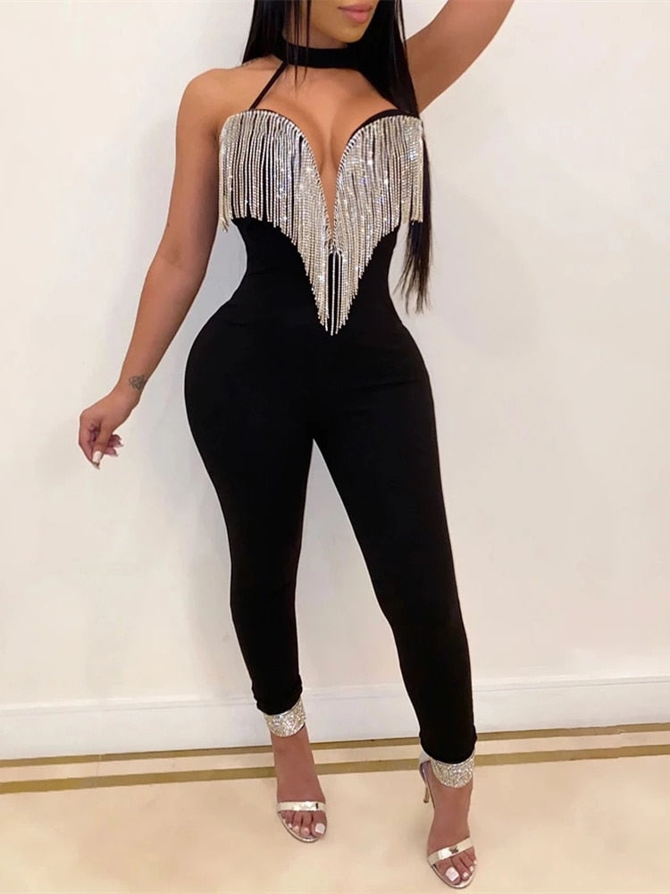 Sequin Tassel V Neck Jumpsuit - Shop now at BikiniCaye.com