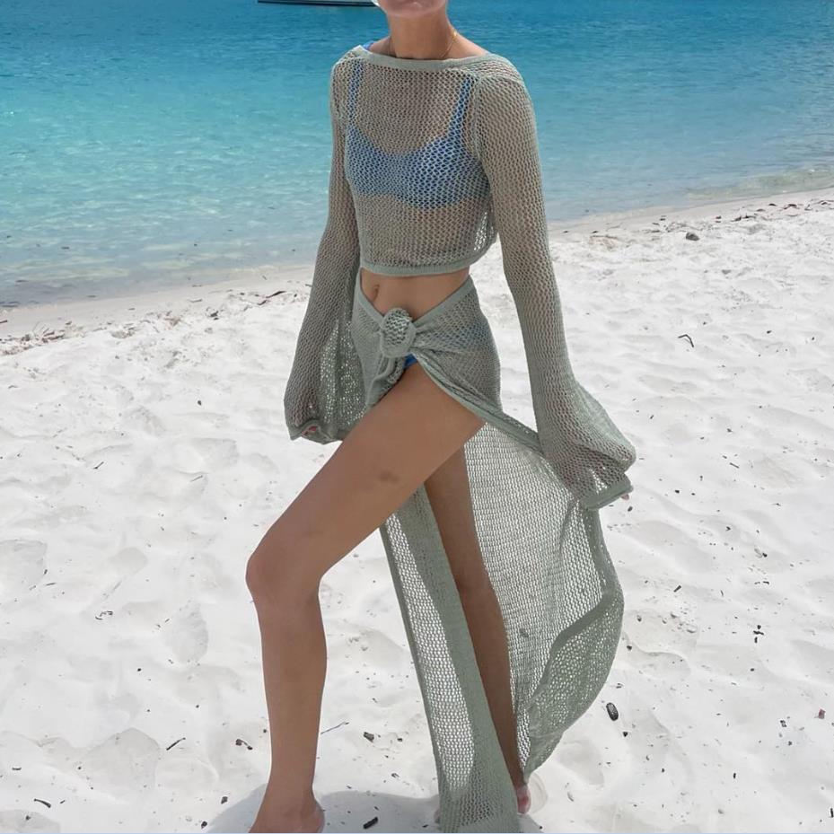 Two-Piece Long Sleeve Crop Top + Skirt Crocheted Set - Shop now at BikiniCaye.com